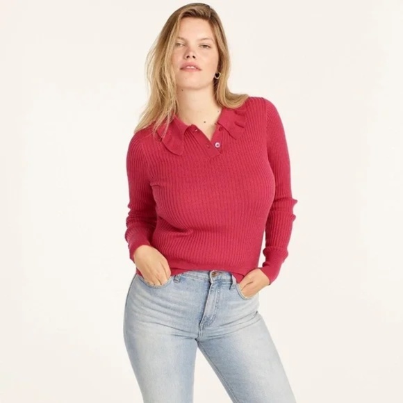 J. Crew Heathered Olive Green Ruffle Collar Ribbed Sweater Merino Wool - M - Picture 5 of 5